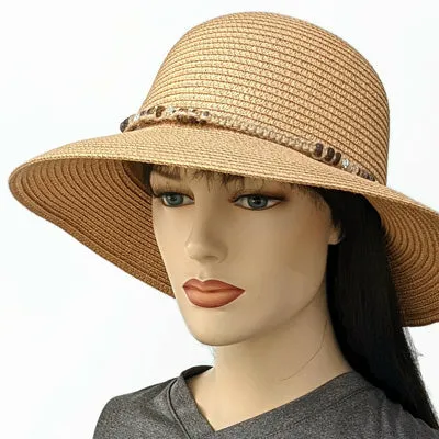 212 Straw Travel Beach Hat with bead macrame trim, adjustable fit, two colours