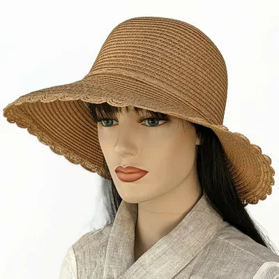 214 Pretty straw travel hat with scalloped edge, wide brim, three colours