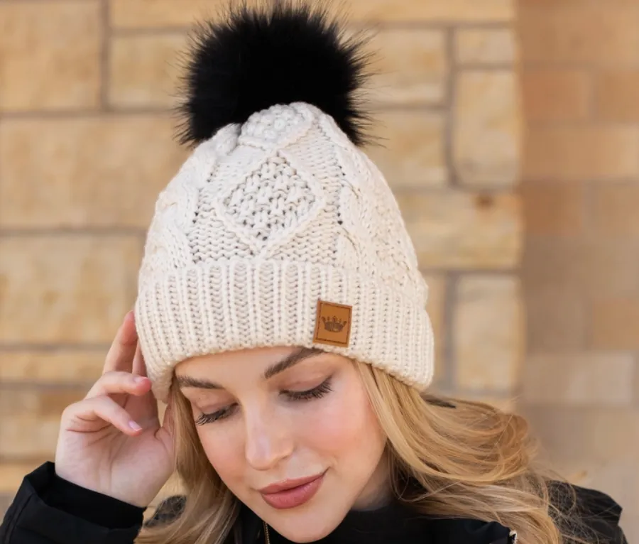 Cable Knit Fleece Lined Fur Pom Hats (Multiple Color Ways)