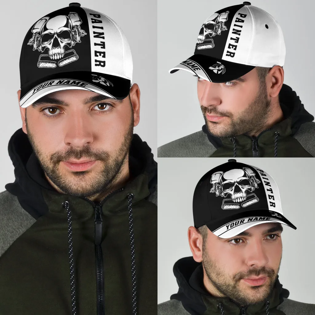 Custom Name Painter Classic Cap Black Skull, Painter Skull Hat Men Women