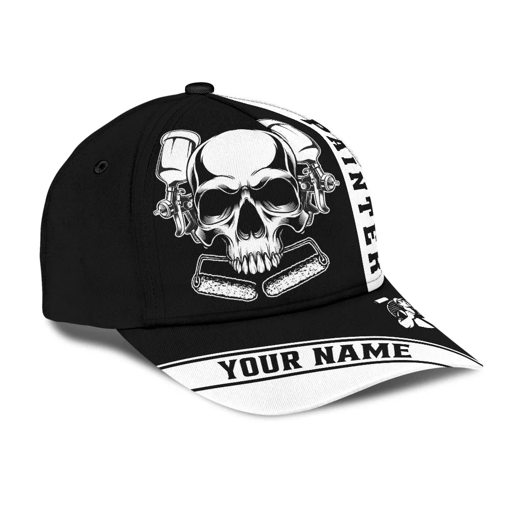 Custom Name Painter Classic Cap Black Skull, Painter Skull Hat Men Women