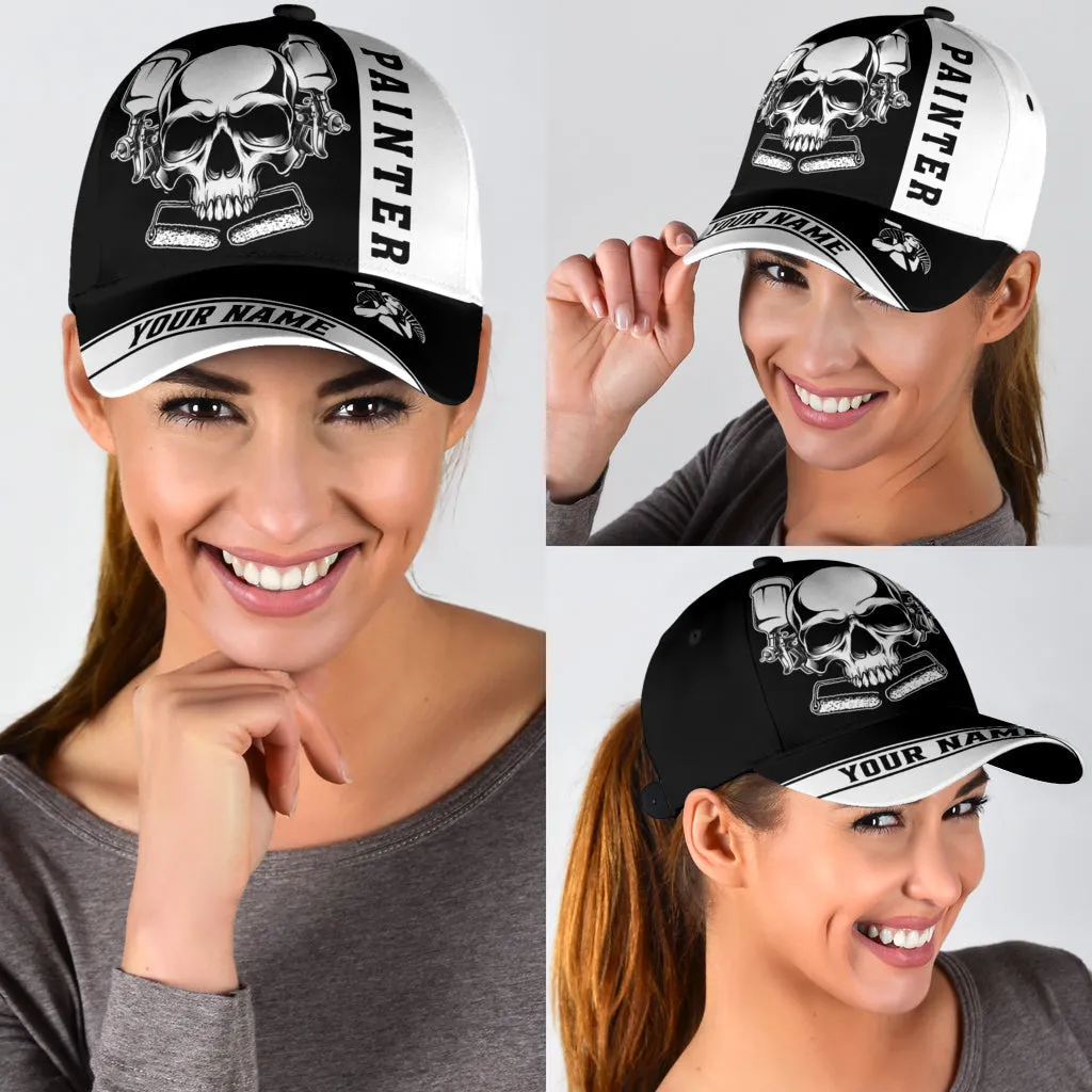 Custom Name Painter Classic Cap Black Skull, Painter Skull Hat Men Women