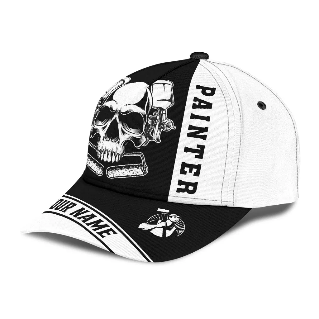 Custom Name Painter Classic Cap Black Skull, Painter Skull Hat Men Women