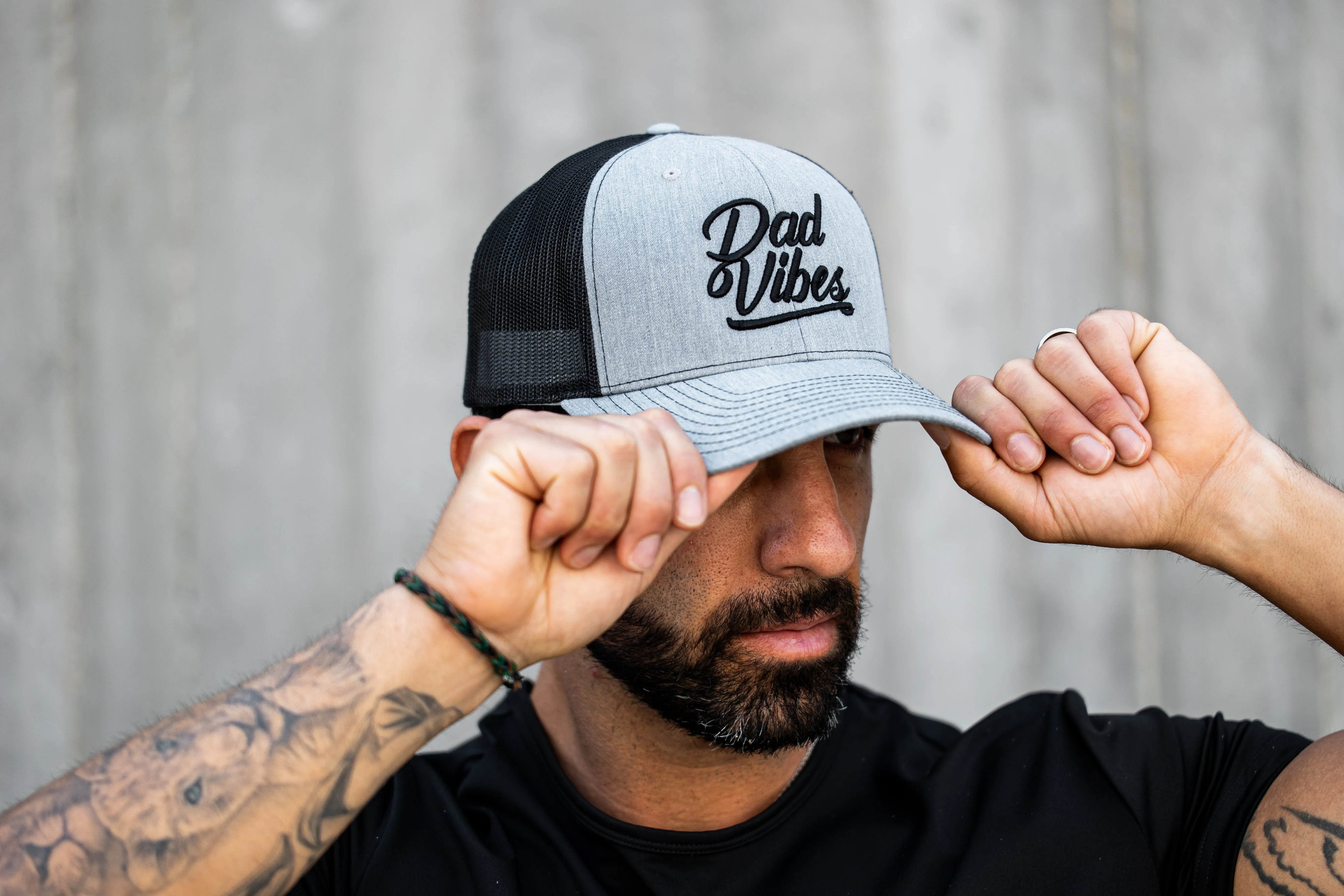 DadVibes Script Curved Bill Heather Grey/Black Trucker Hat