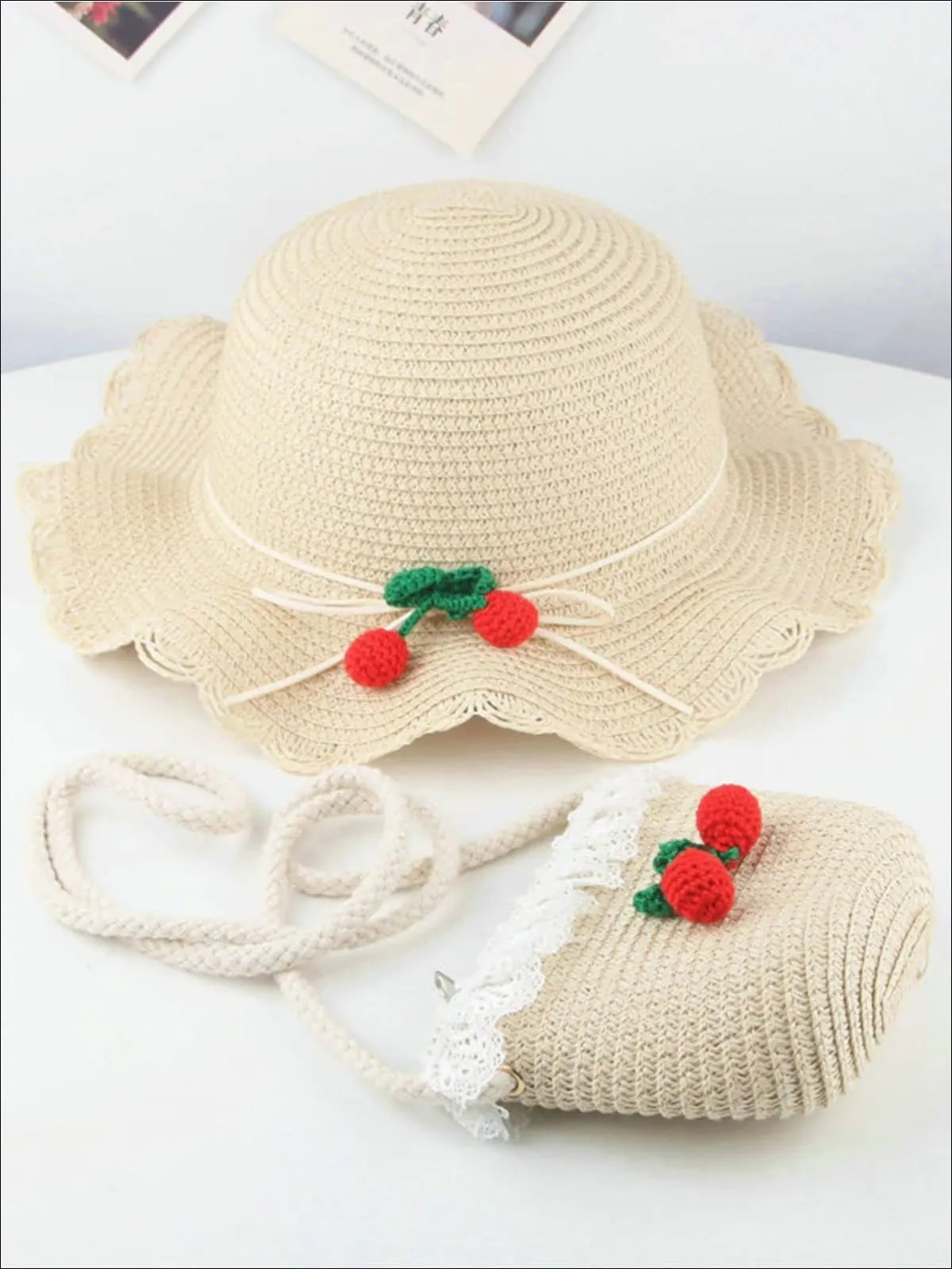 Girls Retro Straw Hat and Matching Mini Purse With Cherries