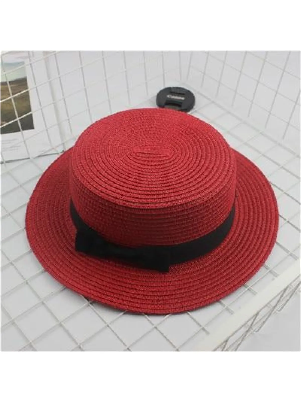 Girls Woven Straw Fedora Hat with Bow Tie (Multiple Color Options)