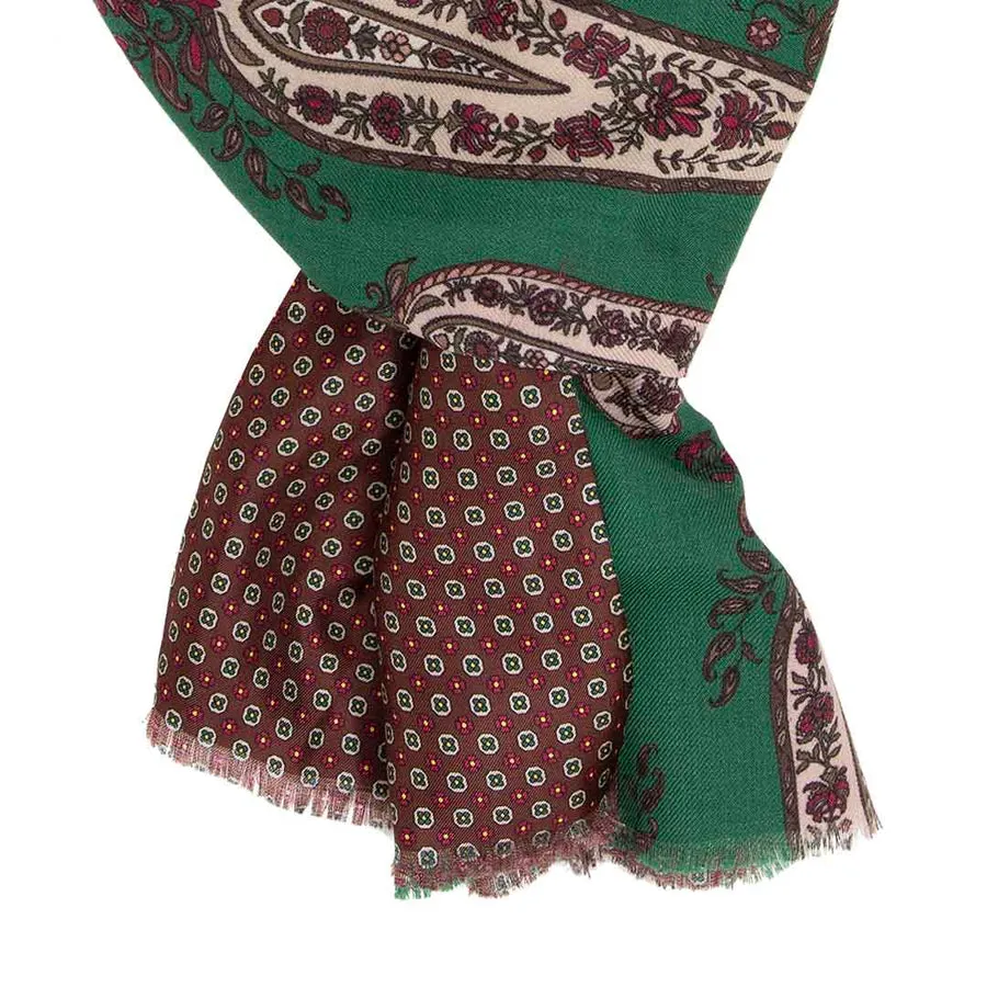 GREEN AND BROWN WITH BIG PAISLEY SILK AND WOOL SCARF