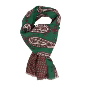 GREEN AND BROWN WITH BIG PAISLEY SILK AND WOOL SCARF