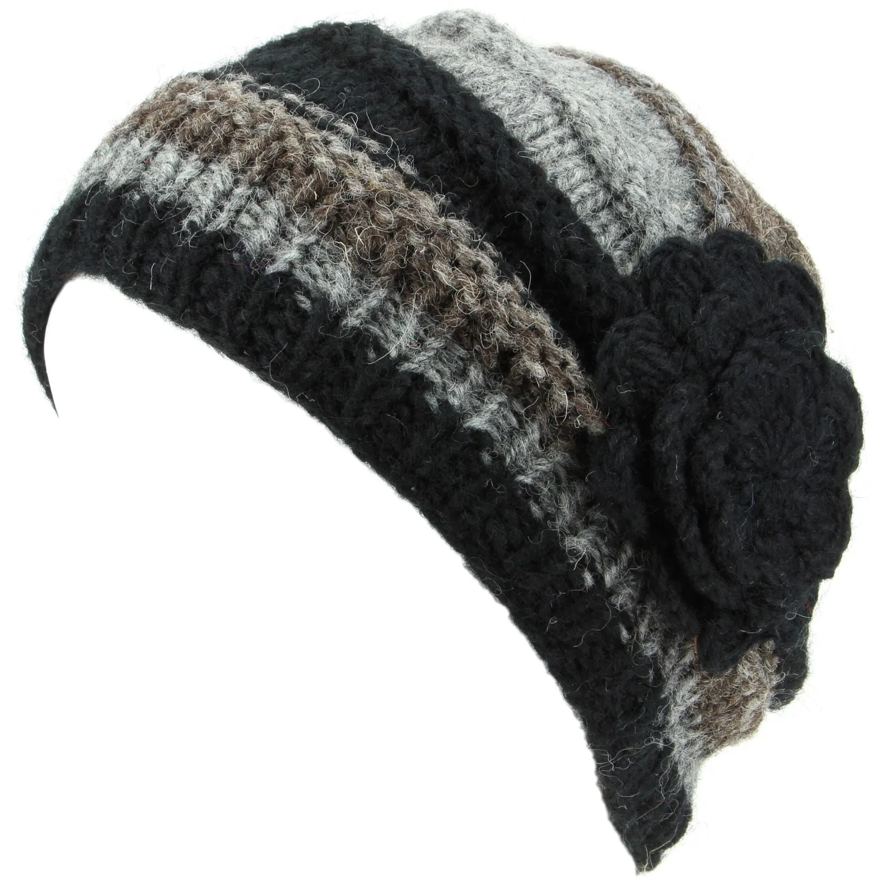 Ladies Chunky Wool Knit Shell Shaped Beanie Hat with Side Flower - Black