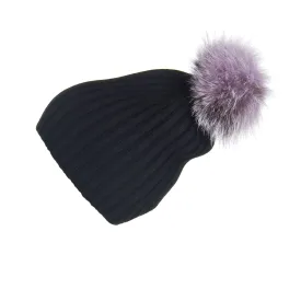 Ribbed Black Cashmere Hat with Lilac Pom-Pom