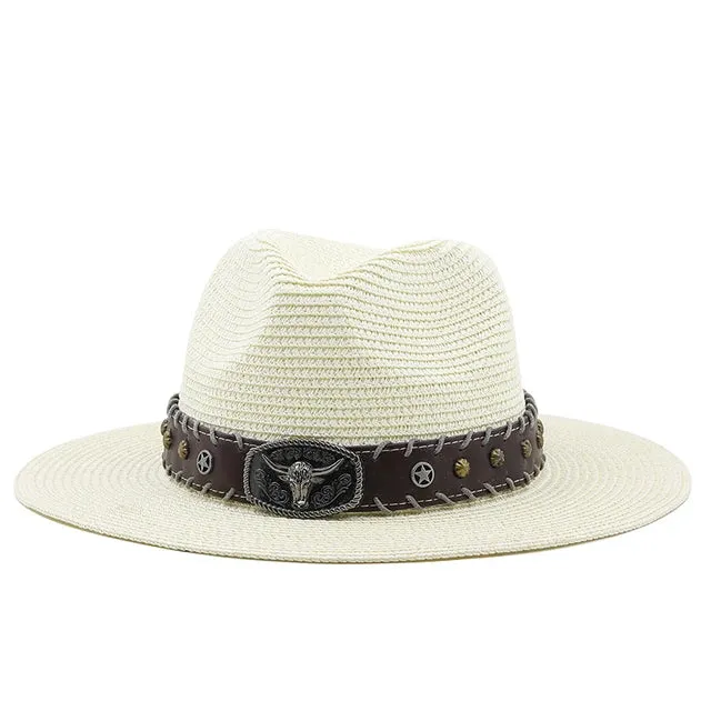 Straw Wide Brim Hat With Leather Band