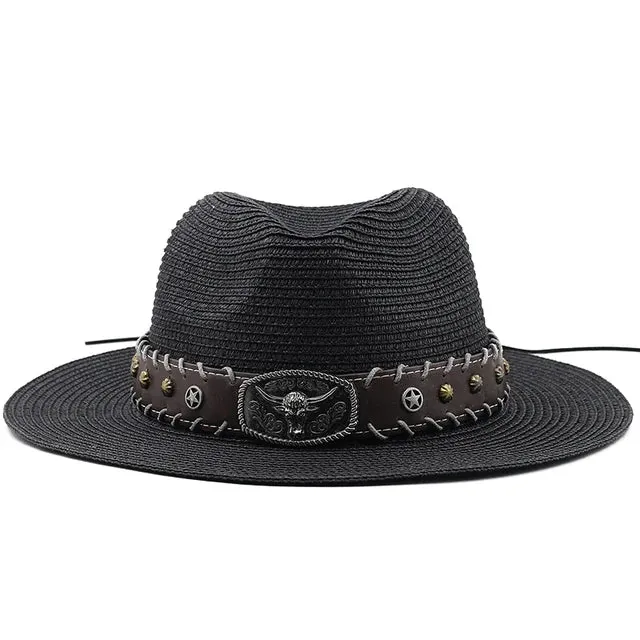 Straw Wide Brim Hat With Leather Band