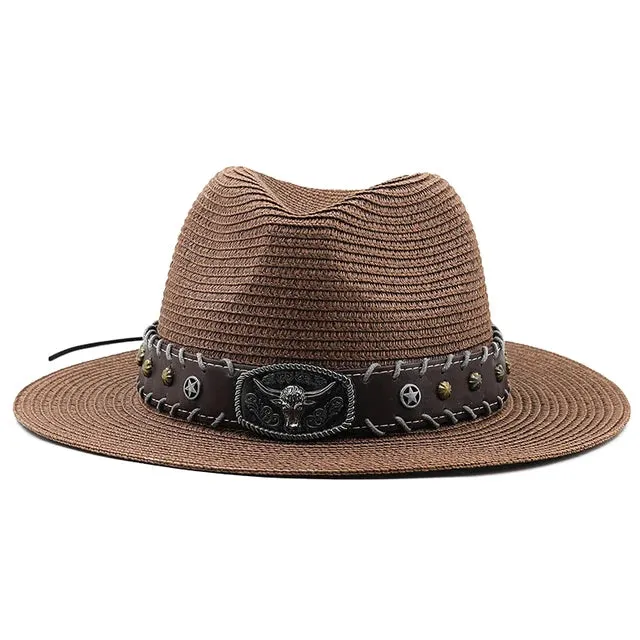 Straw Wide Brim Hat With Leather Band