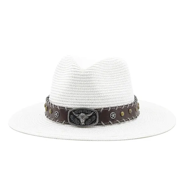 Straw Wide Brim Hat With Leather Band