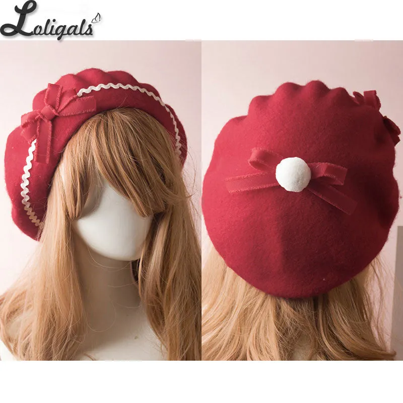 Sweet Women's Lolita Sailor Beret Gothic Wool Beret Hat with Lovely Bows for Winter