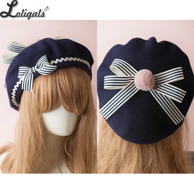 Sweet Women's Lolita Sailor Beret Gothic Wool Beret Hat with Lovely Bows for Winter