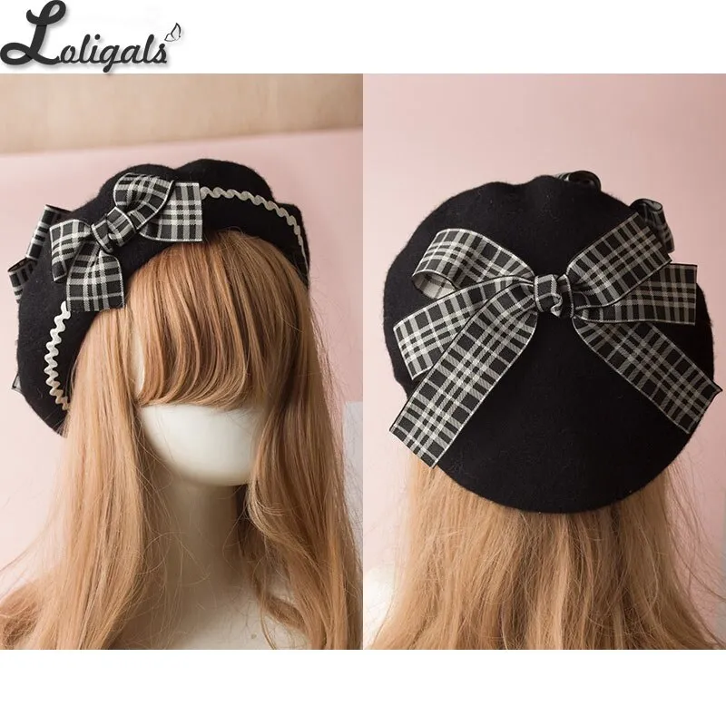 Sweet Women's Lolita Sailor Beret Gothic Wool Beret Hat with Lovely Bows for Winter