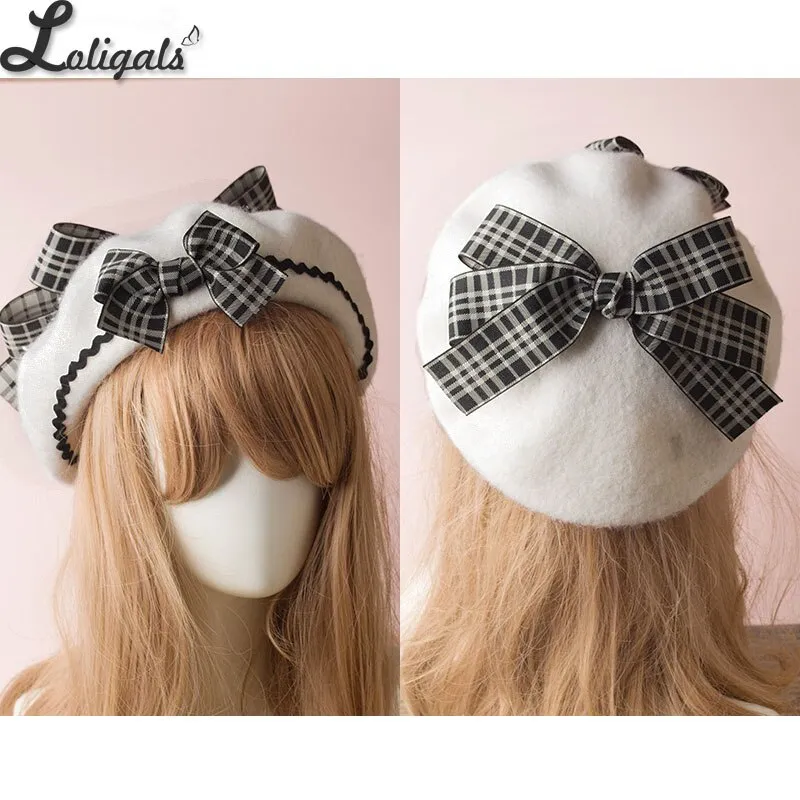 Sweet Women's Lolita Sailor Beret Gothic Wool Beret Hat with Lovely Bows for Winter