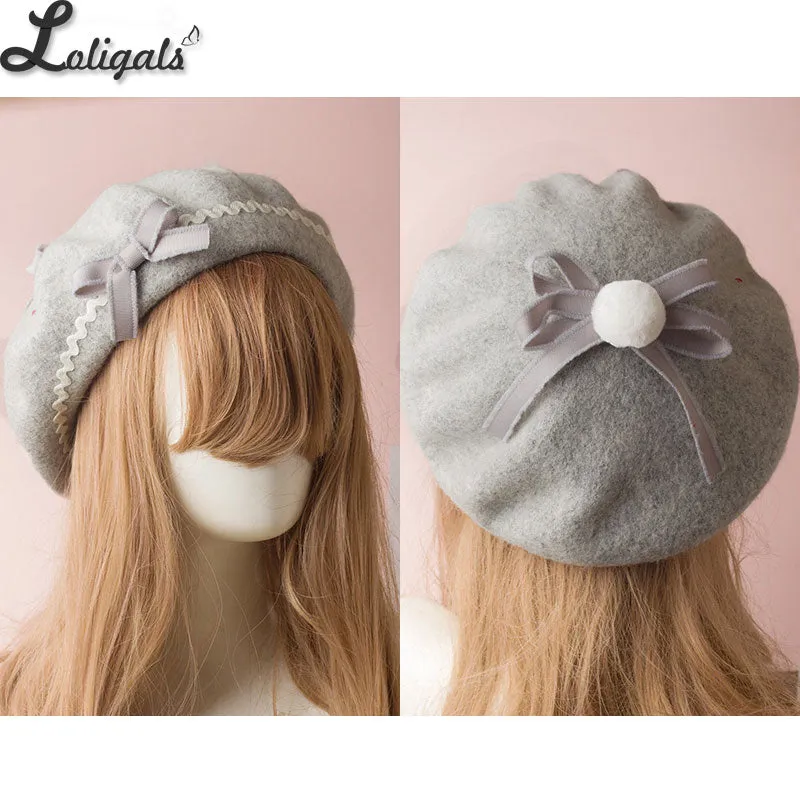 Sweet Women's Lolita Sailor Beret Gothic Wool Beret Hat with Lovely Bows for Winter