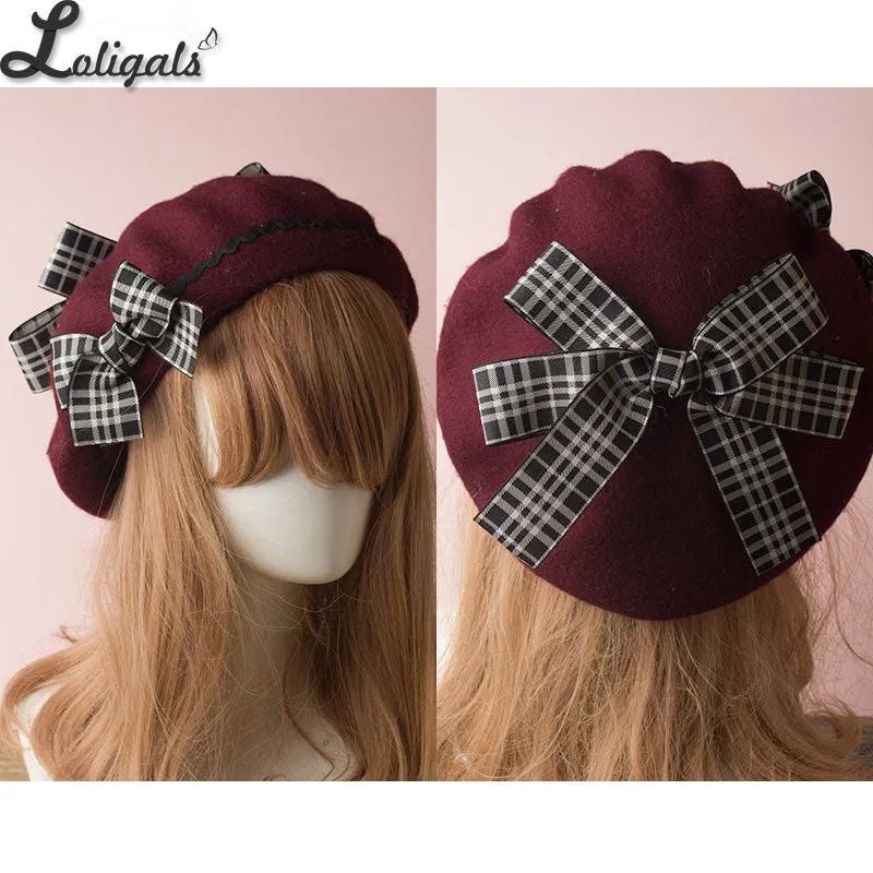 Sweet Women's Lolita Sailor Beret Gothic Wool Beret Hat with Lovely Bows for Winter