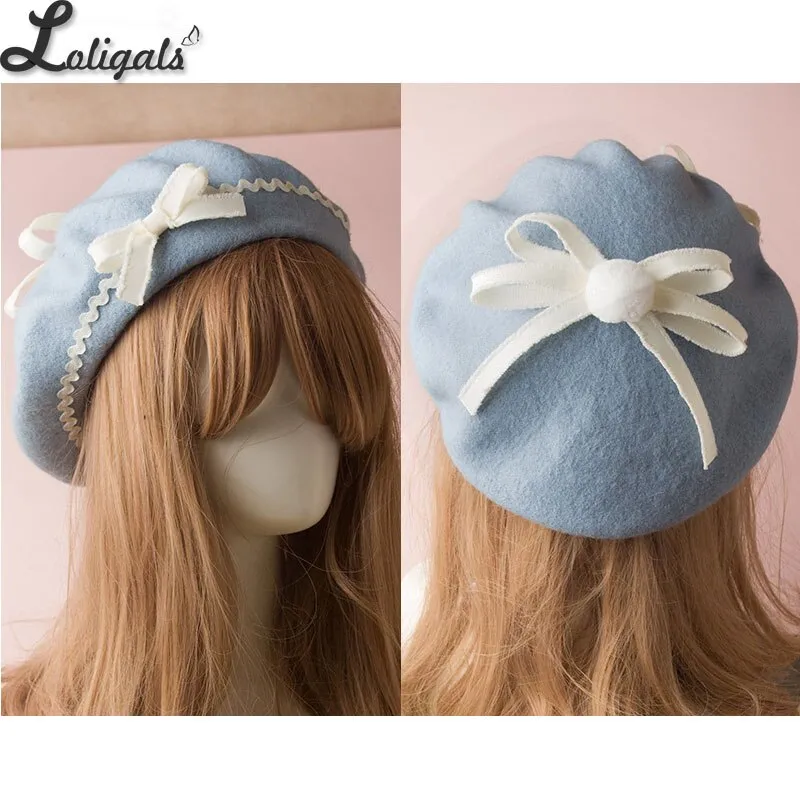 Sweet Women's Lolita Sailor Beret Gothic Wool Beret Hat with Lovely Bows for Winter